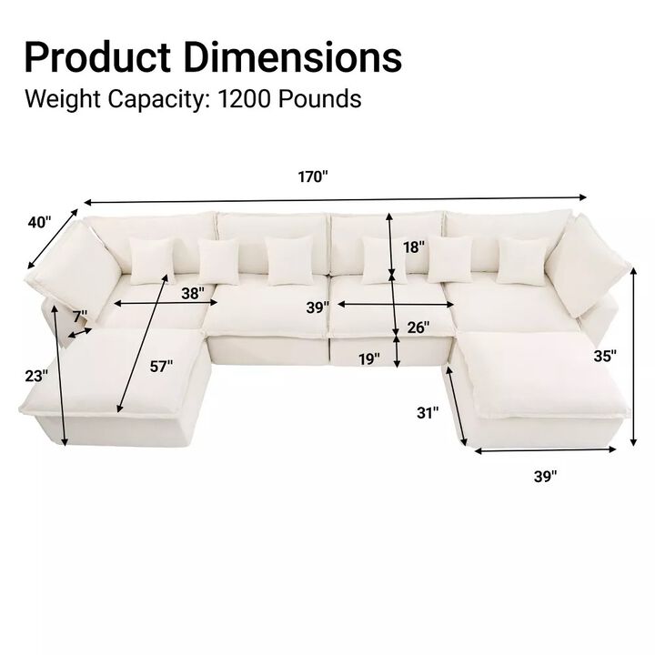 Vipbear 170 Inch Oversized Modular U Shaped Sectional Sofa with Movable Ottoman, Extra Deep Seats