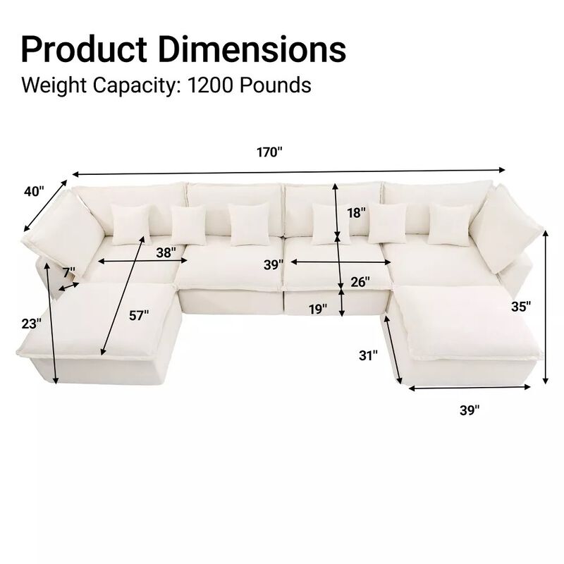 Vipbear 170 Inch Oversized Modular U Shaped Sectional Sofa with Movable Ottoman, Extra Deep Seats image number 1