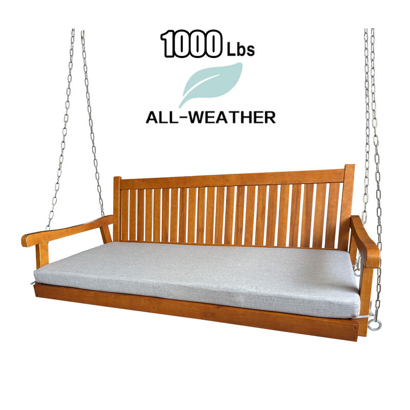 Wooden Porch Swing Bed with Thick Cushion &ndash; 6 FT Outdoor Hanging Daybed for Patio or Porch, Heavy Duty 1000 LBS (Teak Tone) image number 3