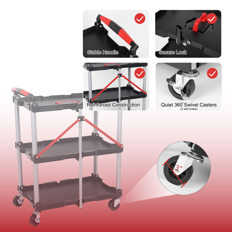 ELEMENT ACE Foldable 3-Shelf Heavy Duty Rolling Utility Cart with Swivel Wheels Ergonomic Handle Portable Transport Cart for Garage Office Home Warehouse Use image number 6