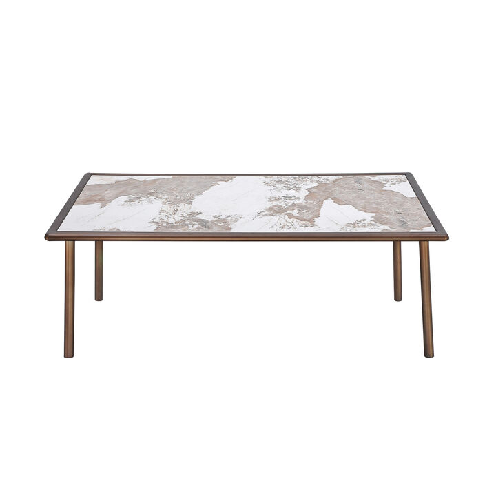 Zame 79 Inch Dining Table, Rectangular White Stone Top, Steel Legs, Bronze