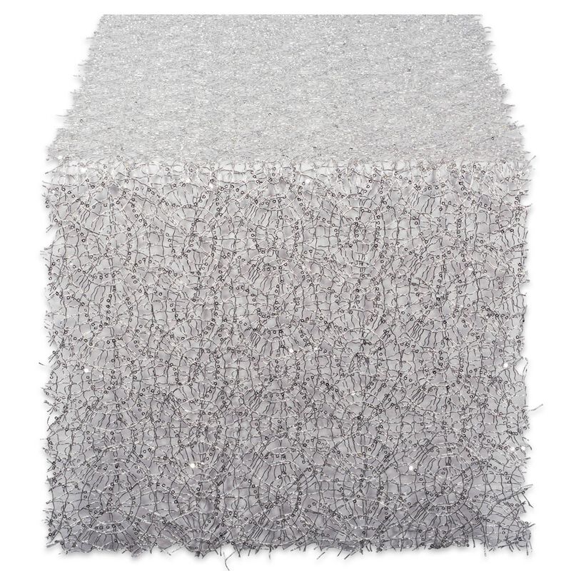 120" Silver and White Sequin Mesh Woven Table Runner Roll image number 1