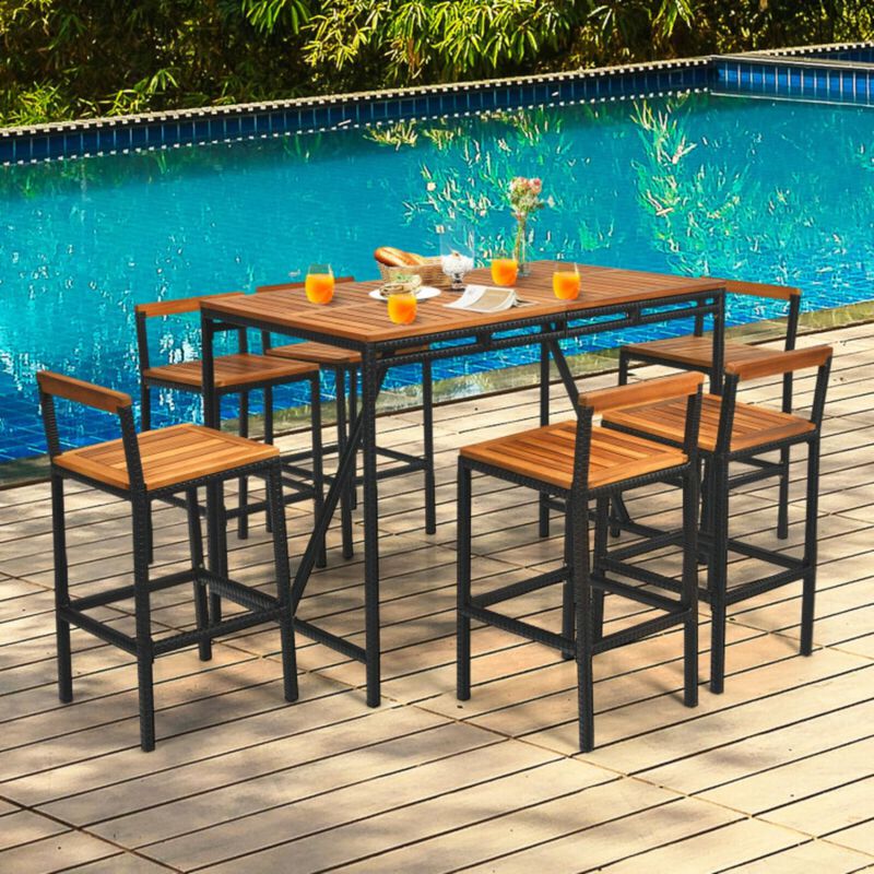 Hivvago 7 Pieces Acacia Wood Patio Rattan Bar Set with Umbrella Hole