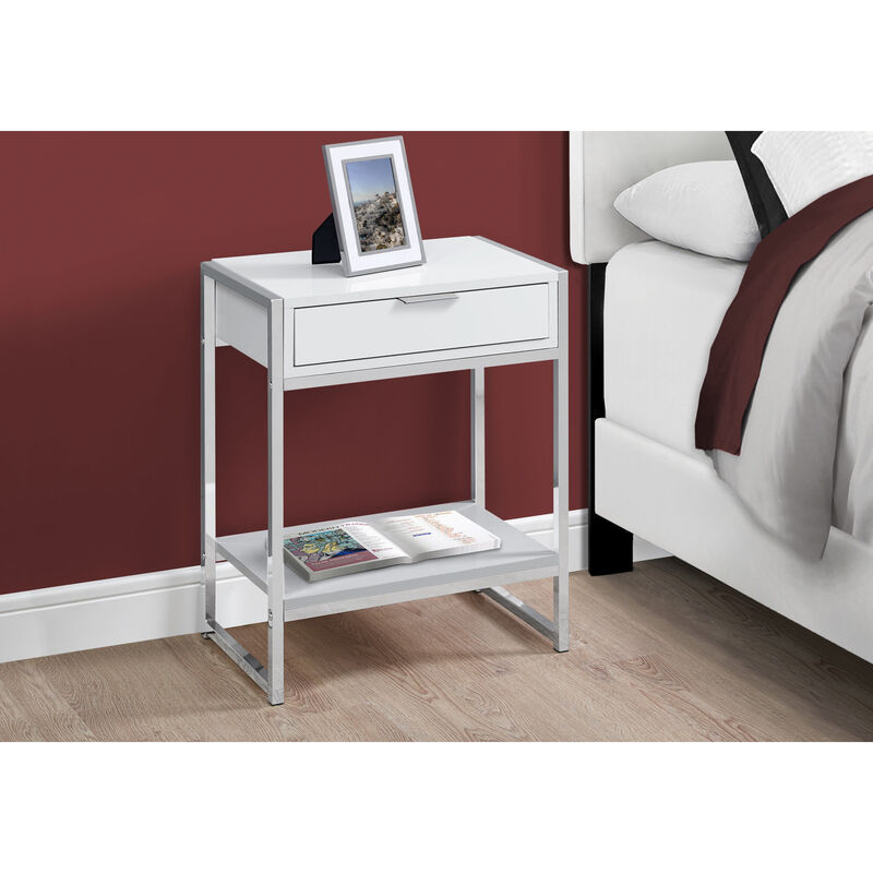 Monarch Specialties I 3480 Accent Table, Side, End, Nightstand, Lamp, Storage Drawer, Living Room, Bedroom, Metal, Laminate, Glossy White, Chrome, Contemporary, Modern