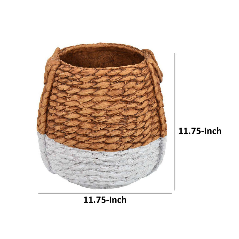 Reno 12 Inch Planter, Rope Woven Design, White and Brown Finished Resin - Benzara