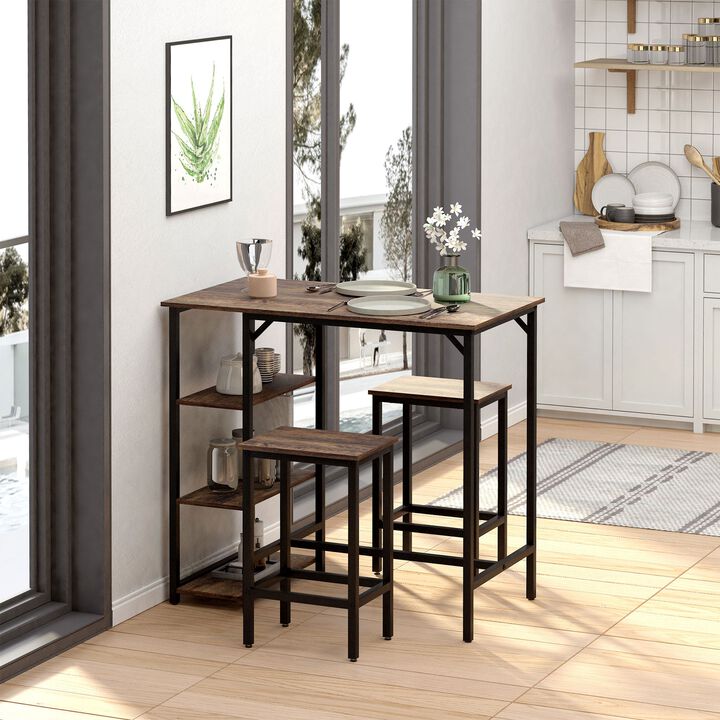 Dining Table Set, Bar Table and Stools with Storage Shelf, Reinforced Crossbar, 3 Piece Dining Set, Rustic Brown/Black