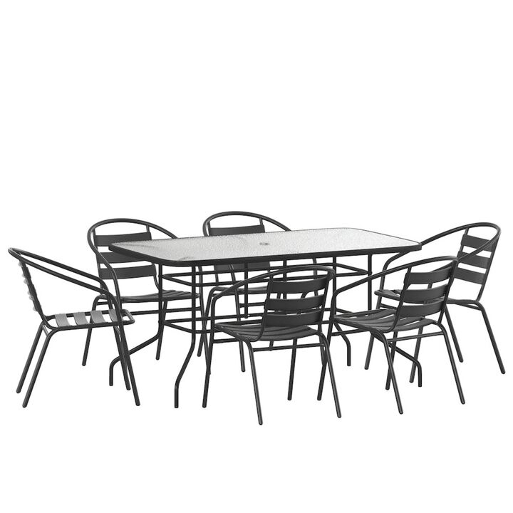 Flash Furniture 7 Piece Set - 55" Tempered Glass Patio Table, 6 Black Metal Chairs