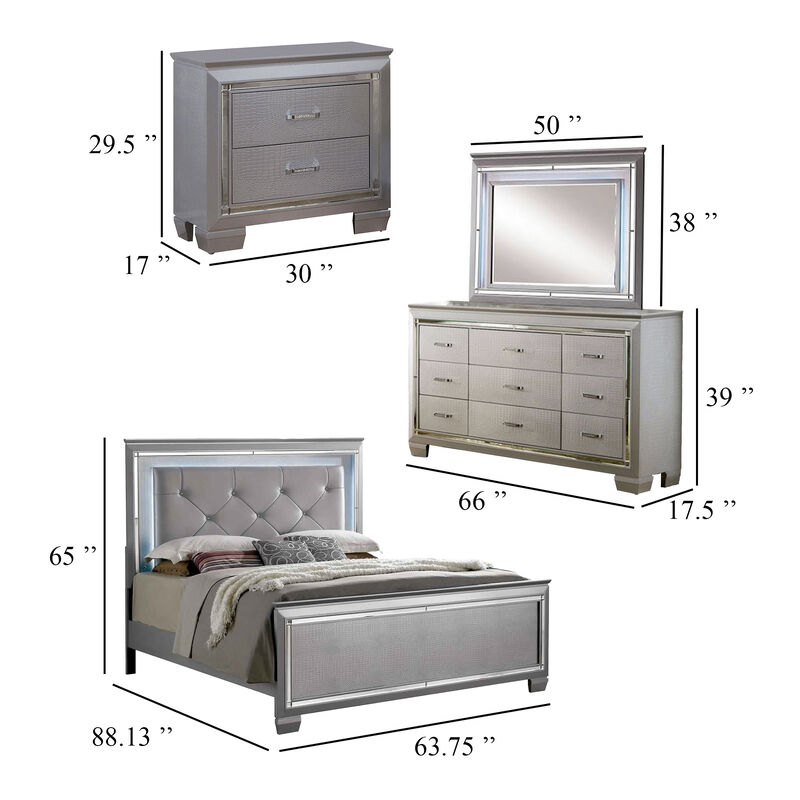 Tily 4 Pc Queen Size Bedroom Set, Crocodile Embossed Panels, LED, Silver image number 5