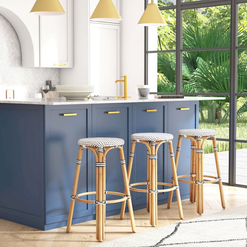 Butler Specialty Tobias Round Rattan 30 Bar Stool, White and Navy Dot