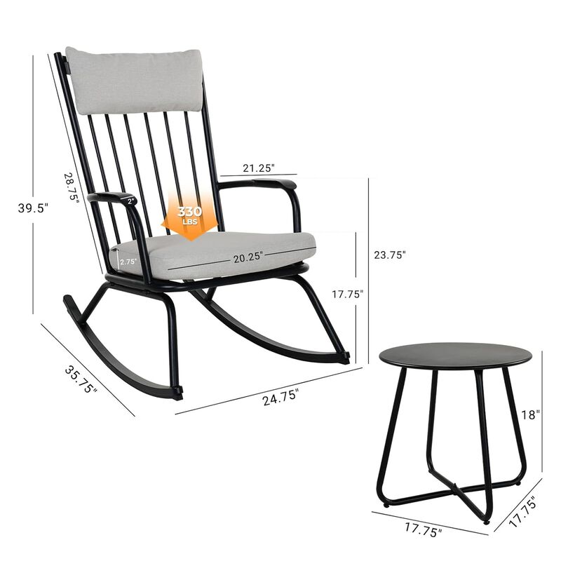 Mondawe Outdoor 3-Pcs Detachable Rocking Chair Set W/ Thick Cushions Seat & X-Shaped Base Side Table