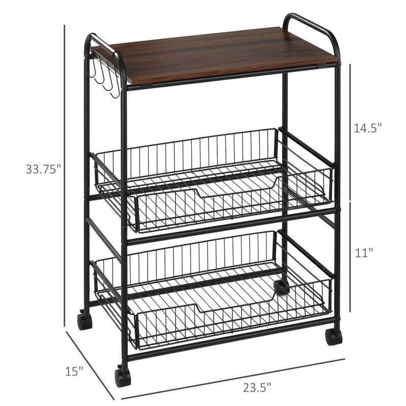 24" 3-Tier Utility Kitchen Cart Rolling Serving Trolley w/ 2 Storage Shelves