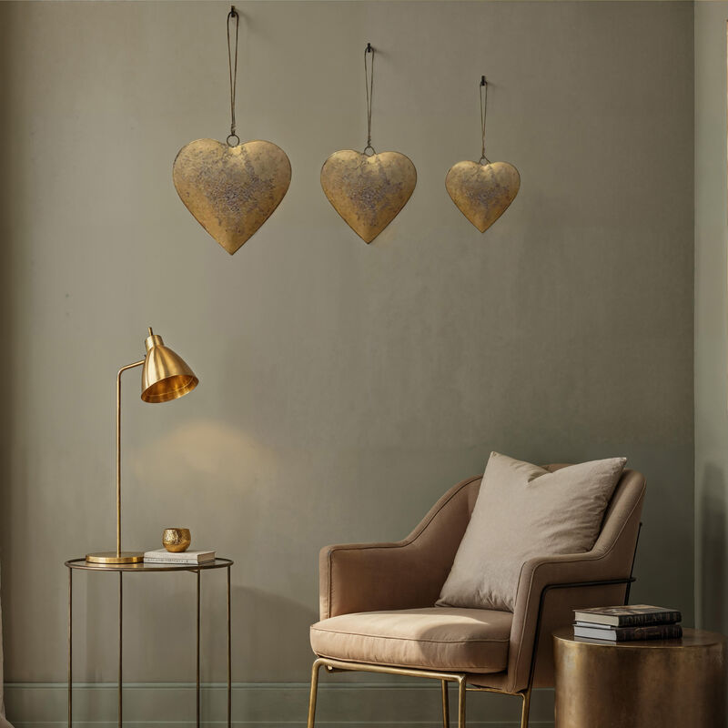 Myri Decorative Metal Heart Wall Decor Set of 3, Antique Gold Iron with Jute Hanging Rope, 12, 9.5, 7 Inches