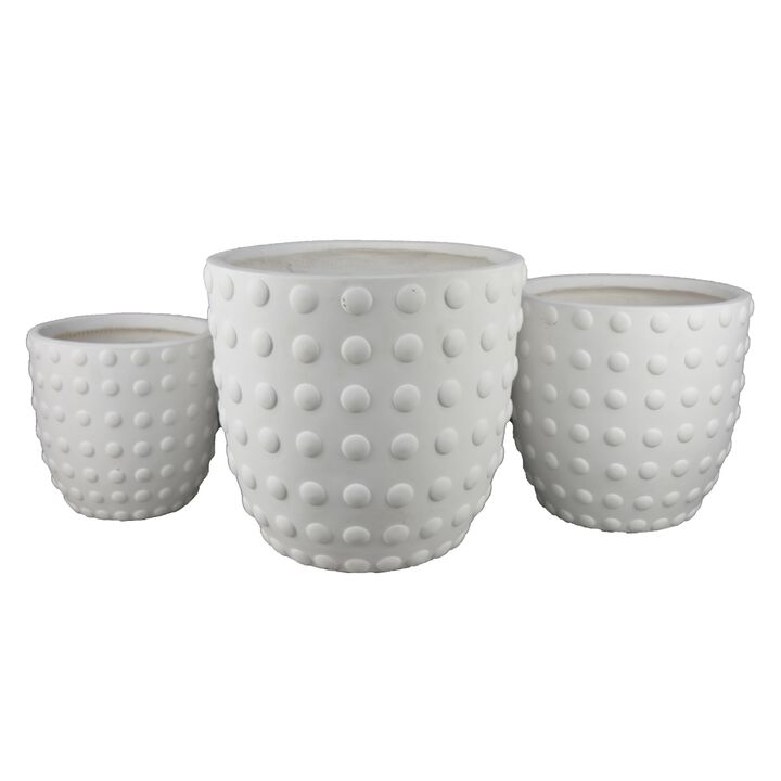 Planter Set of 3, White Resin, Smooth Round Dotted Texture, 15 12 10 Inch