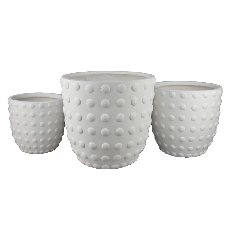 Planter Set of 3, White Resin, Smooth Round Dotted Texture, 15 12 10 Inch image number 0