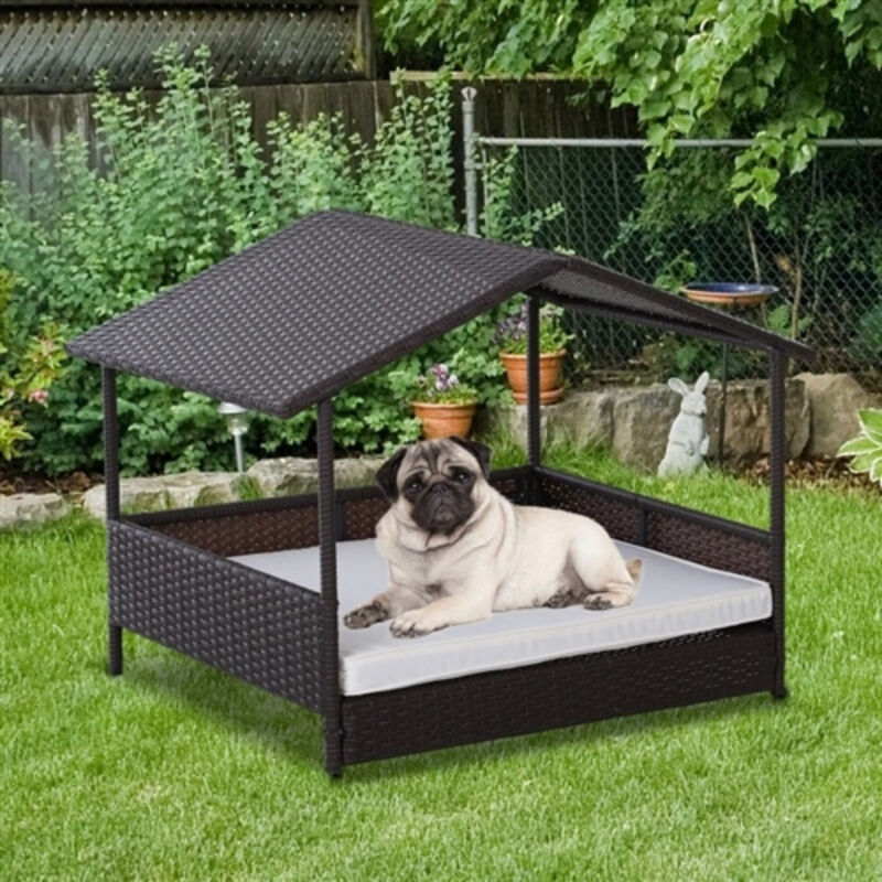 Wicker Weather Resistant Raised Dog Bed House with 2 in Thick Cushion