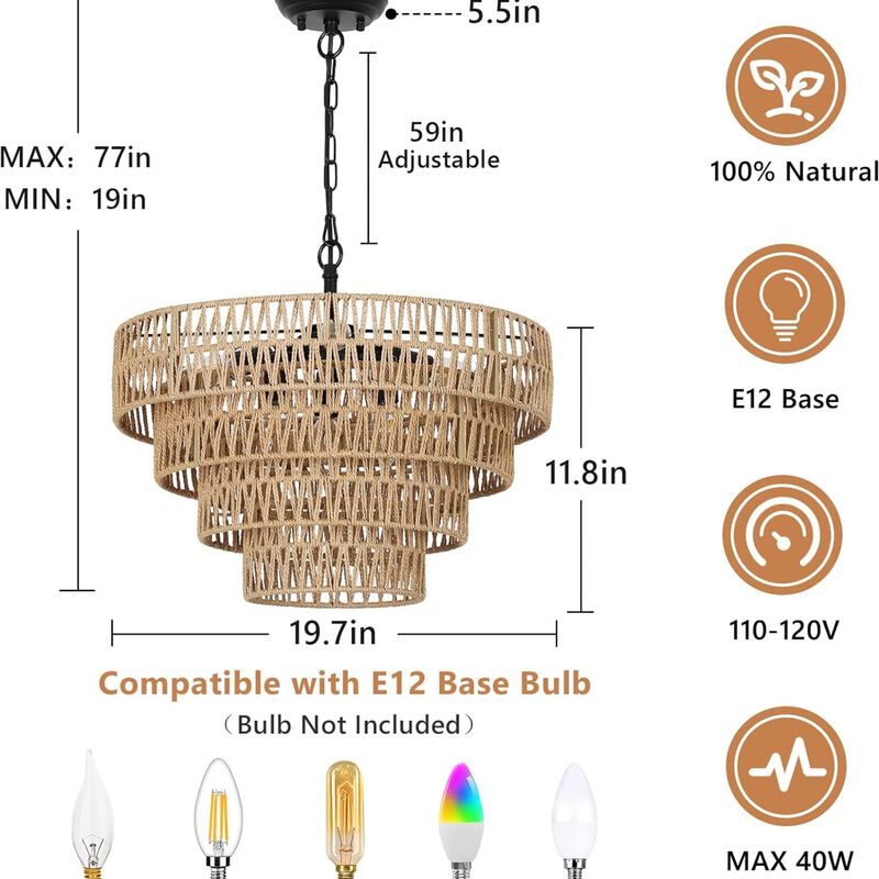 ELEMENT ACE 6-Light Boho Rattan Chandelier with 4-Tier Hand-Woven Wicker Lampshade, Adjustable Pendant Light Fixture for Dining Room, Bedroom, Kitchen, Living Room image number 2