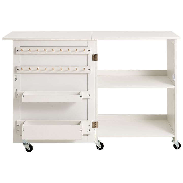 Folding Sewing Table with Storage Cabinet, Wheels, Shelves and Magnetic Doors