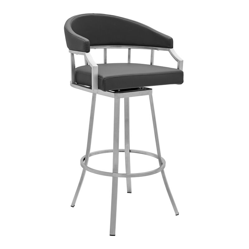 Myla 30 Inch Vegan Faux Leather Bar Stool Chair, Swivel, Metal Legs, Gray-Benzara