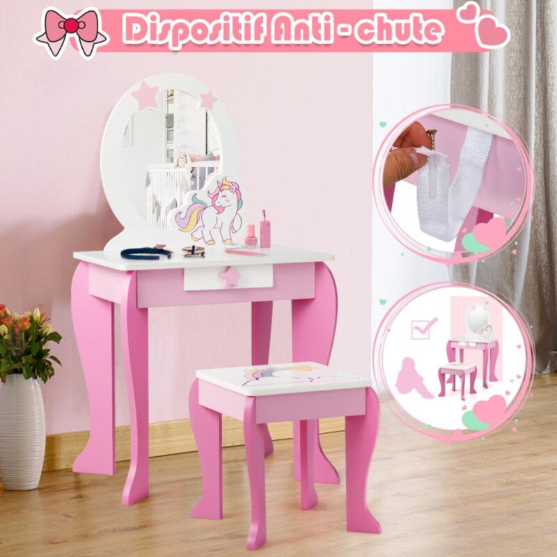 Hivvago Kids Vanity Set Makeup Dressing Table and Chair Set with Mirror and Drawer