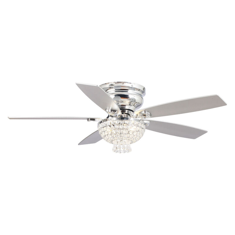 52" Modern Chrome Low Profile Crystal Ceiling Fan with Remote and 3-Speed Motor