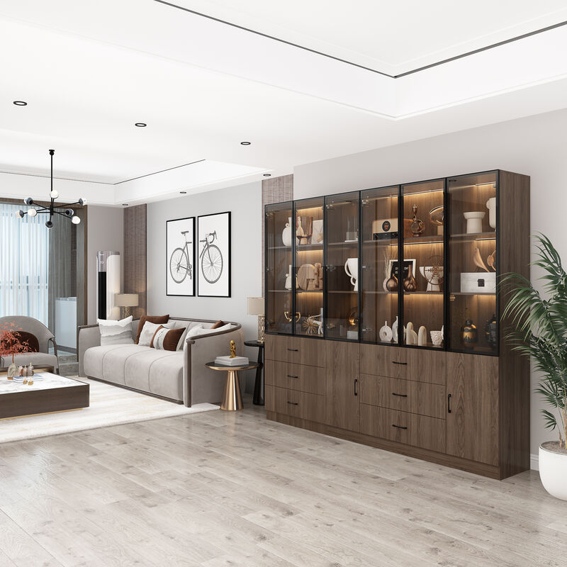 FUFU&GAGA Modern Wood Grain Cabinet with 6 Drawers, Black Aluminum Glass Doors & LED Strip Lights (94.4&rdquo;W x 15.7&rdquo;D x 78.7&rdquo;H), Walnut Finish