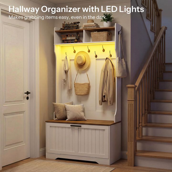 Entryway Hall Tree with Bench and Coat Rack Storage Organizer