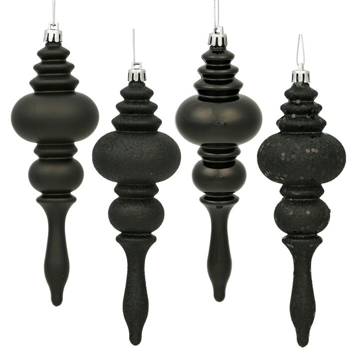 Vickerman 7" 4-Finish Finial Ornament, Shatterproof Plastic Christmas Tree Decoration, 8 Pack, Black Shiny, Matte, Glitter and Sequin Finishes