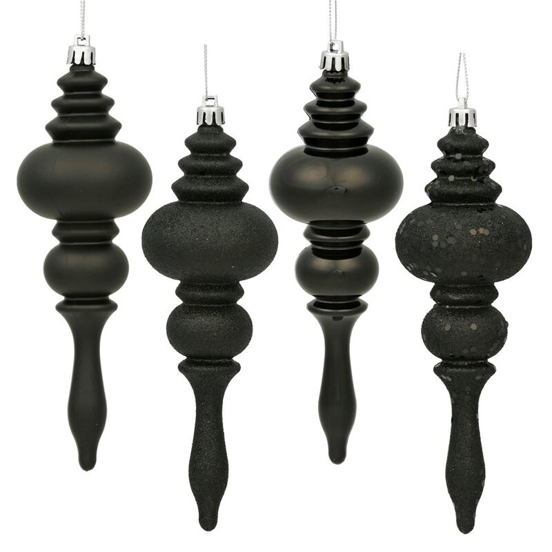 Vickerman 7" 4-Finish Finial Ornament, Shatterproof Plastic Christmas Tree Decoration, 8 Pack, Black Shiny, Matte, Glitter and Sequin Finishes image number 0