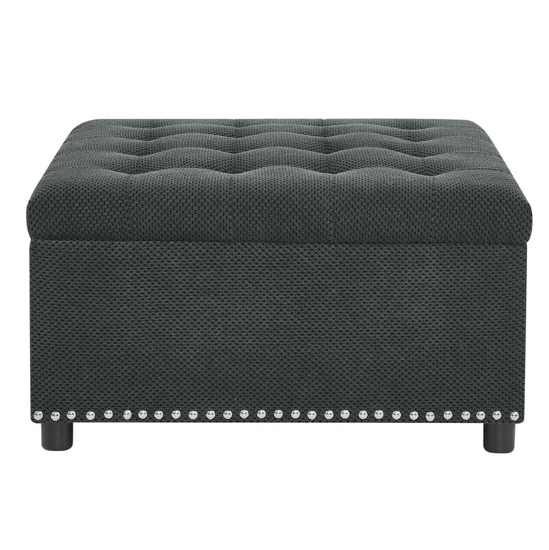 Square Storage Ottoman with Tufted Top & Nailhead Trim, Footstool, Dark Grey image number 2
