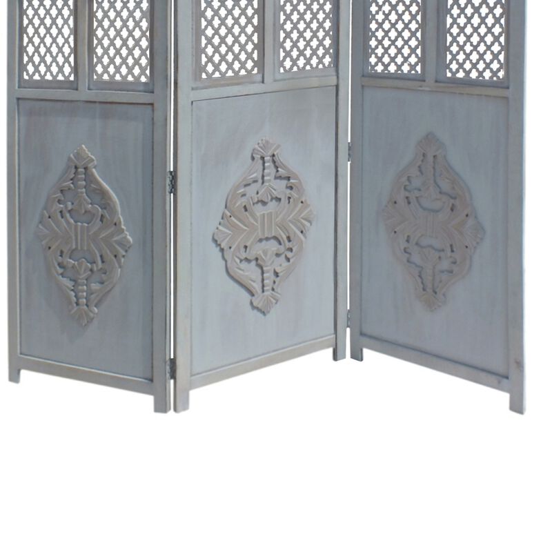 Three Panel Wooden Room Divider with Traditional Carvings and Cutouts, Blue-Benzara