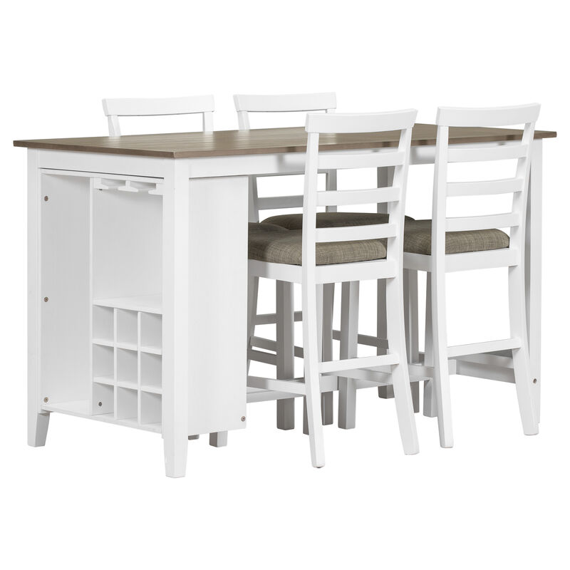 Whisen 5-Piece Multi-Functional Rubber Wood Counter Height Dining Set with 4 Padded Chairs - Brown&White Wash