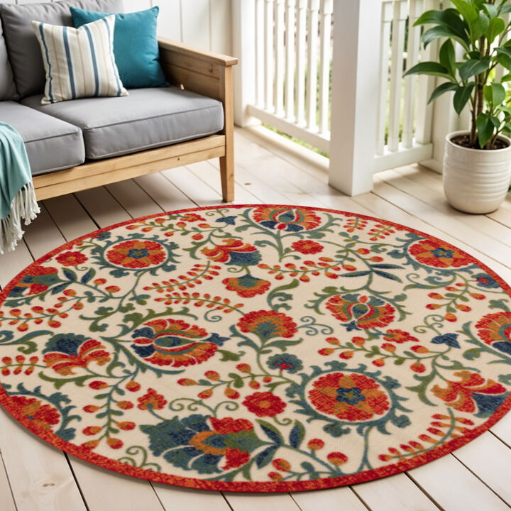 HomeRoots 5' Red Gold Teal Blue And Green Round Floral Indoor Outdoor Area Rug