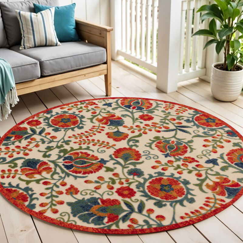 HomeRoots 5' Red Gold Teal Blue And Green Round Floral Indoor Outdoor Area Rug image number 1