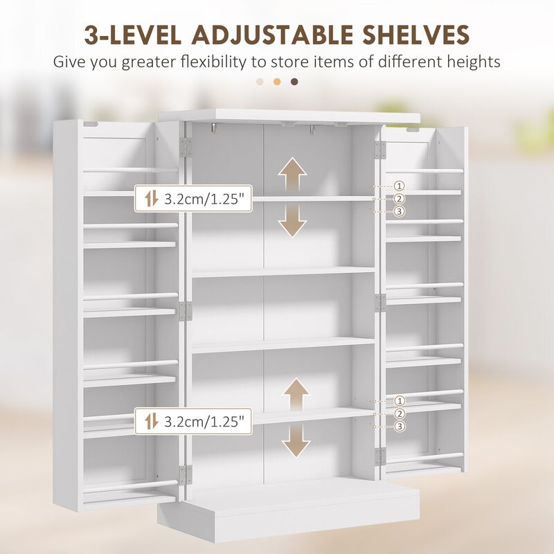 Freestanding Kitchen Pantry, Kitchen Storage Cabinet with 5-Tier Shelf, 12 Spice Racks, Adjustable Shelves, White
