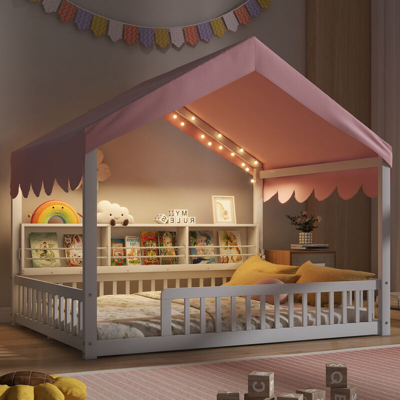 Merax Full Size Wooden Floor Bed,House-Shaped Daybed with Fense,3 Storage Bookshelves,Curtain and LED Light image number 3