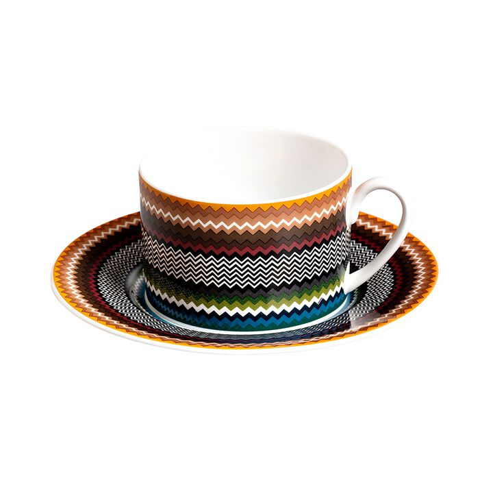 Tea Cup & Saucer ZIG ZAG FOLIAGE Set of 2, cup diam. 3.35", H 2.36", saucer diam. 6.1"