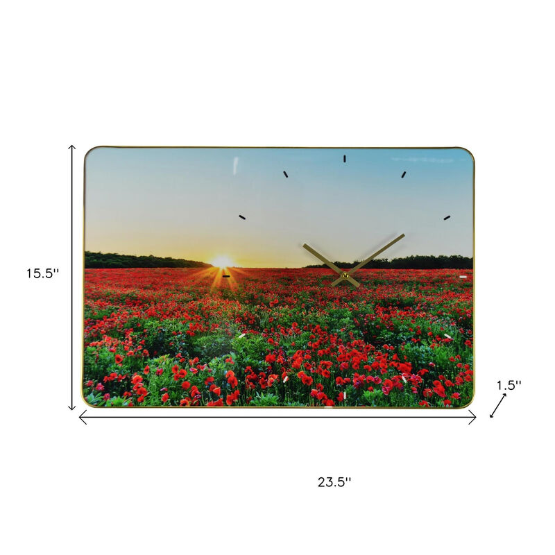 HomeRoots 24" Red Blue And Gold Solid Wood and Acrylic Silent Poppies Floral Wall Clock image number 5