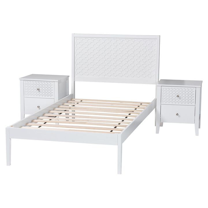 Baxton Studio Lara Twin 3-Piece Bedroom Set - Modern Wood Bed Frame with Matching Nightstands, Decorative Laser-Cut Headboard Overlay