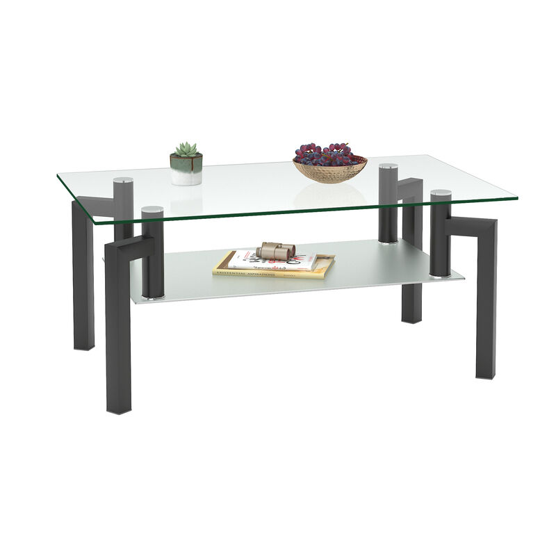 Rectangle Black Glass Coffee Table, Clear Coffee Table, Modern Side Center Tables for Living Room