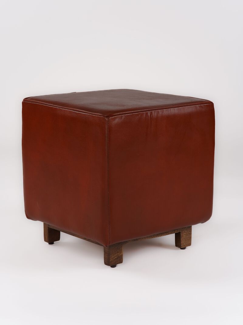 Handmade Eco-Friendly Geometric Buffalo Leather & Wood Black Square Ottomon 18"X17"X17" From BBH Homes