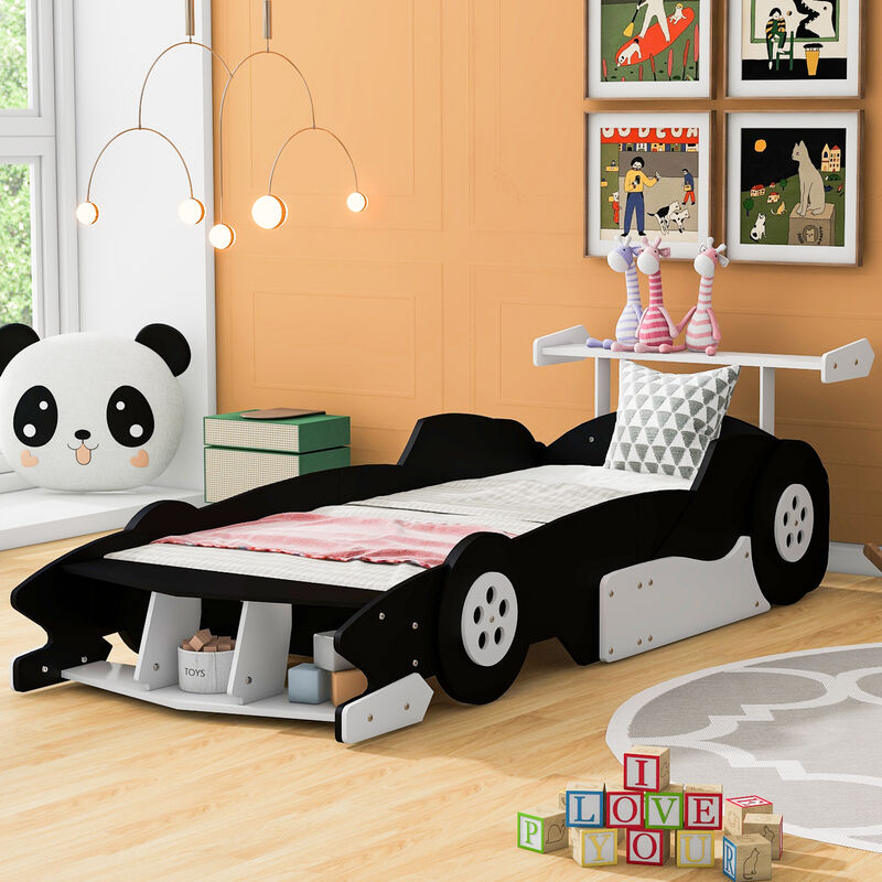 Whisen Unique Design Twin Size Race Car-Shaped Platform Bed with Wheels - Red