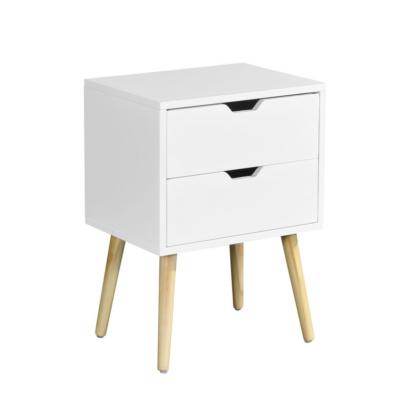 Side Table with 2 Drawer and Rubber Wood Legs, Mid-Century Modern Storage Cabinet for Bedroom Living Room Furniture, White image number 1