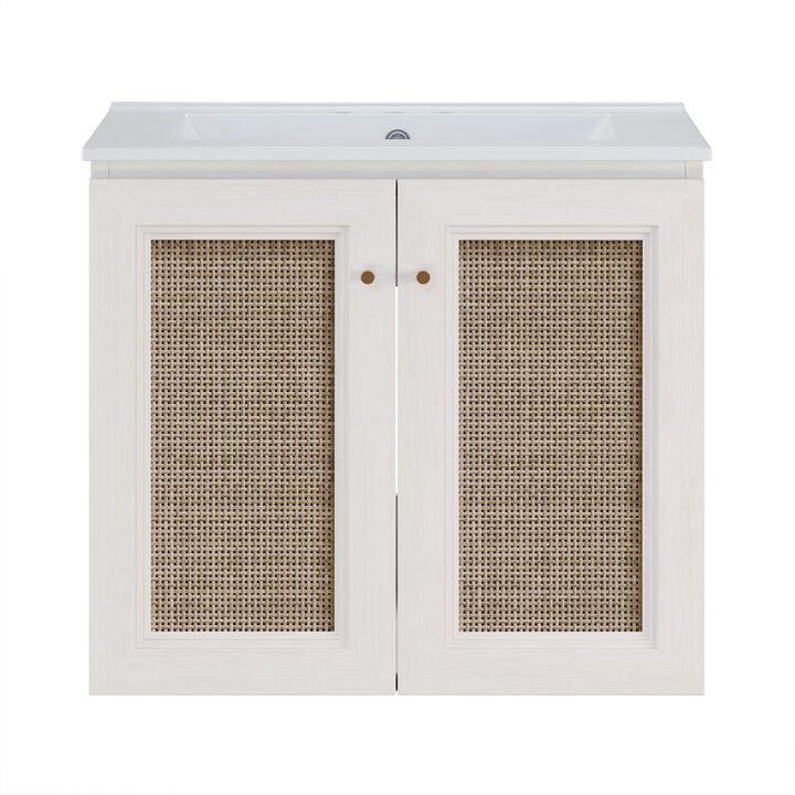 24" Wall-Mounted Bathroom Vanity in White Oak, Centerset Faucet Holes Vanity Top