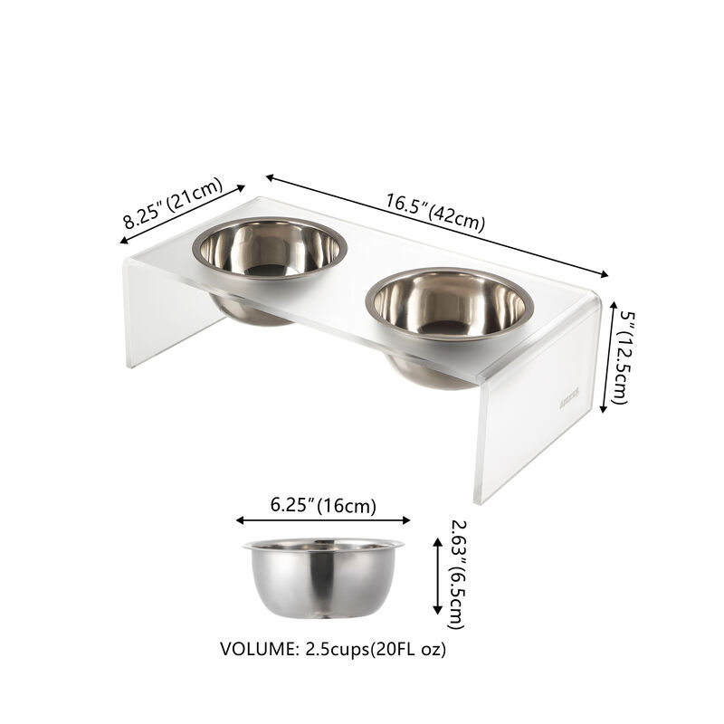 Keaton Modern Acrylic Rectangular Elevated Pet Feeder with Stainless Steel Bowls