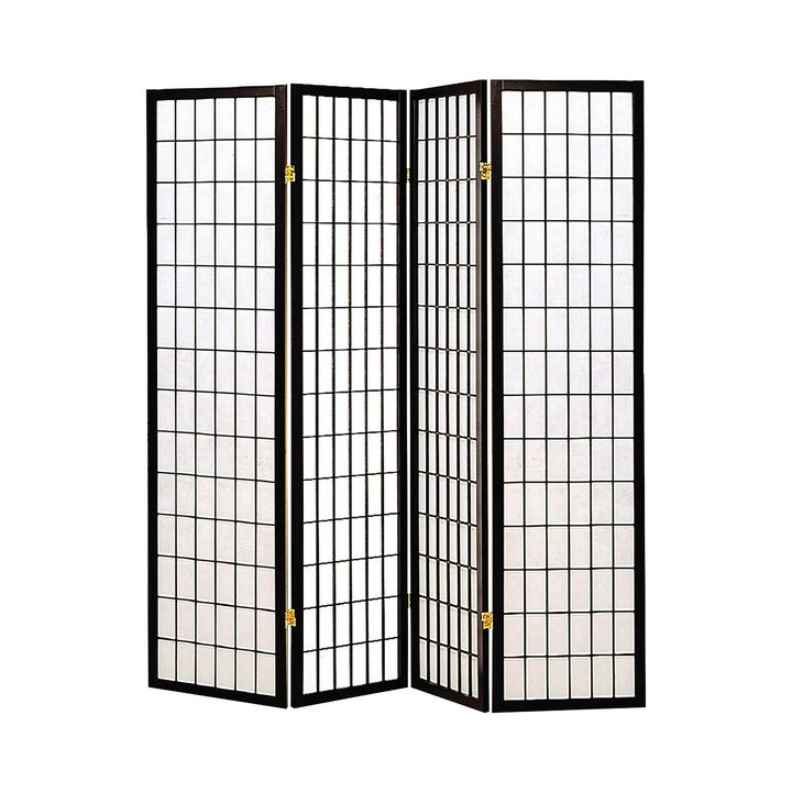 4 Panel Foldable Wooden Frame Room Divider with Grid Design, Black-Benzara