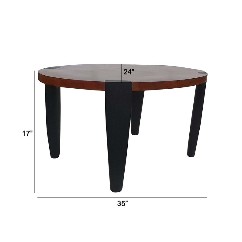 Max 35 Inch Oval Top Coffee Table, Mango Wood, Iron Frame, Brown, Black-Benzara