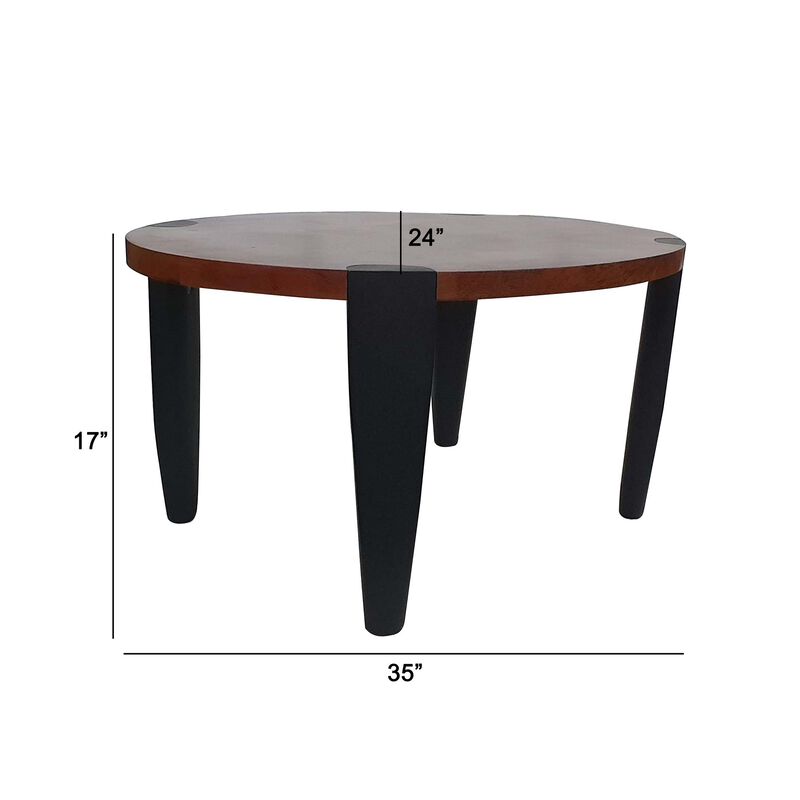 Max 35 Inch Oval Top Coffee Table, Mango Wood, Iron Frame, Brown, Black