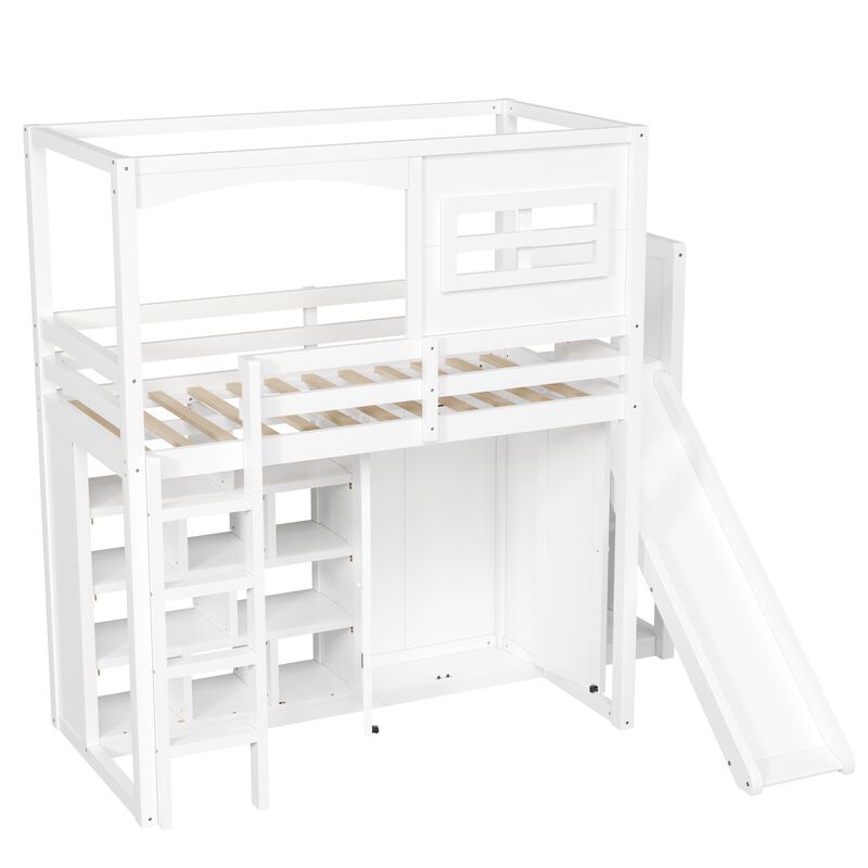 Merax Twin Size White Wooden House Loft Bed with Wardrobe, Storage Shelf image number 0