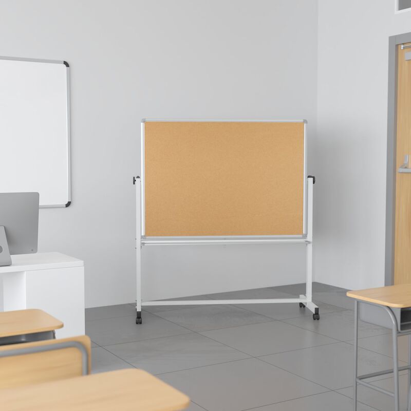 Flash Furniture 53"W x 59"H Reversible Mobile Cork Bulletin Board and White Board with Pen Tray image number 9