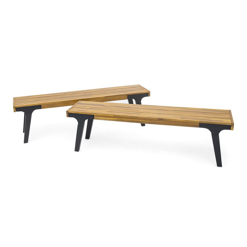 Sheldon Outdoor Bench Set of 2, Slat Panel, 63 Inch Brown Wood, Black - Benzara